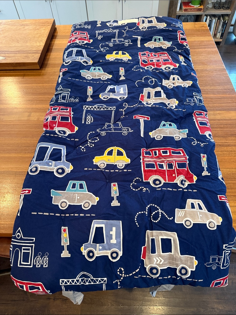 Pottery Barn kids reversible cars and trucks sleeping bag.